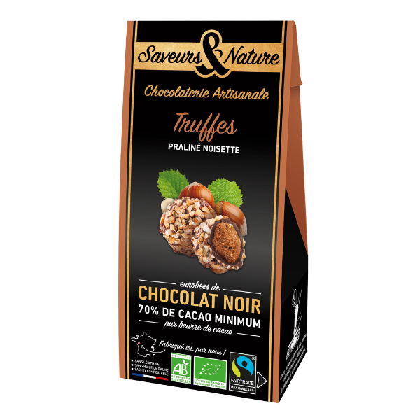 Ballotin de truffes praliné noisette enrobées de chocolat noir bio - 1